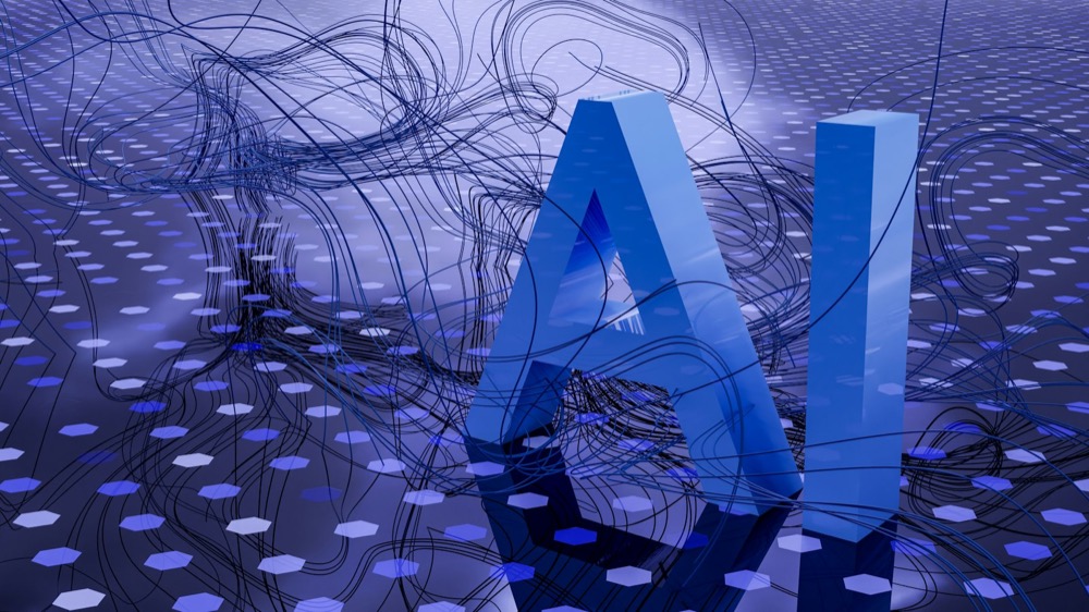 A three-dimensional AI mark rendered in blue among flowing lines over a hexagonal pattern